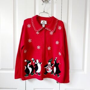 Penguin Ice Skating Christmas‎ Red Cardigan Sweater size Large Tiara
